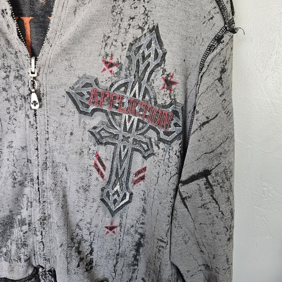 Affliction Men's XL Reversible  Black Gray Orange Edgy Zip-Up Jacket Cross Skull - Picture 13 of 13